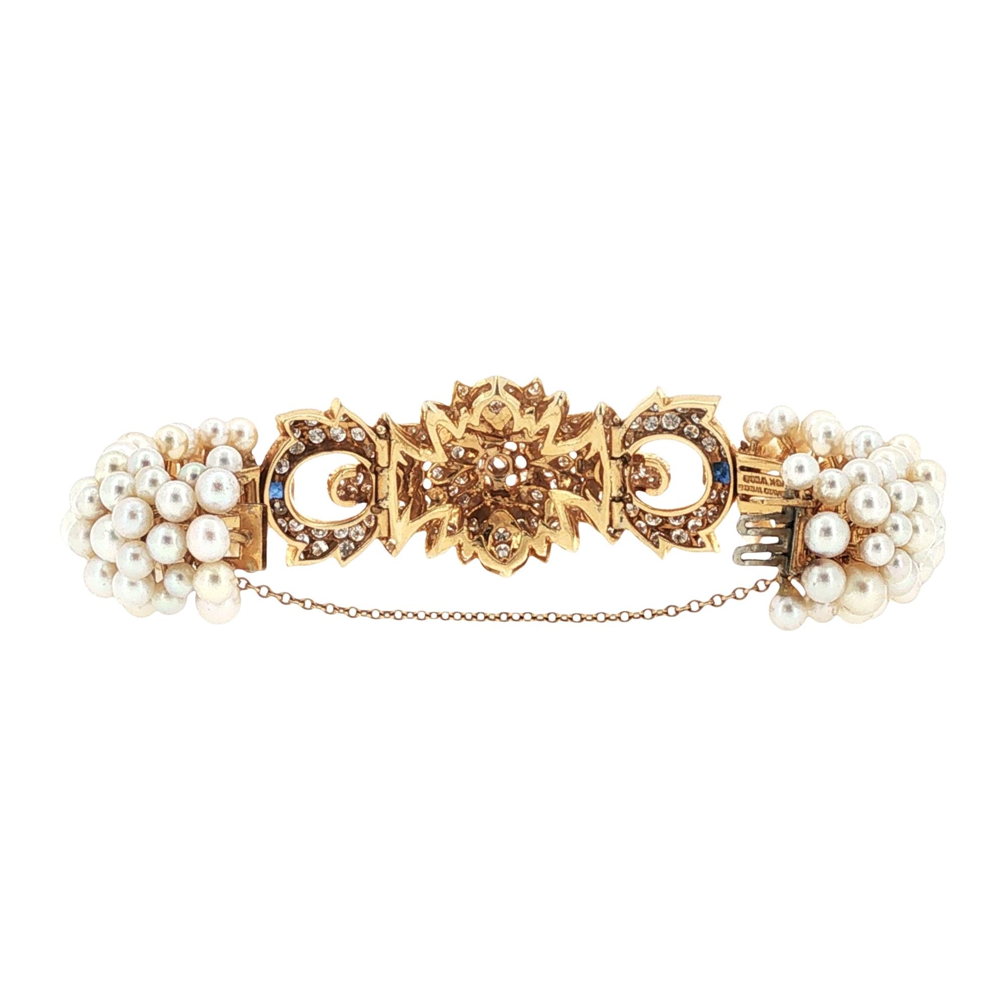 David Webb Diamond Sapphire Pearl 18 Karat Yellow Gold Vintage Bracelet