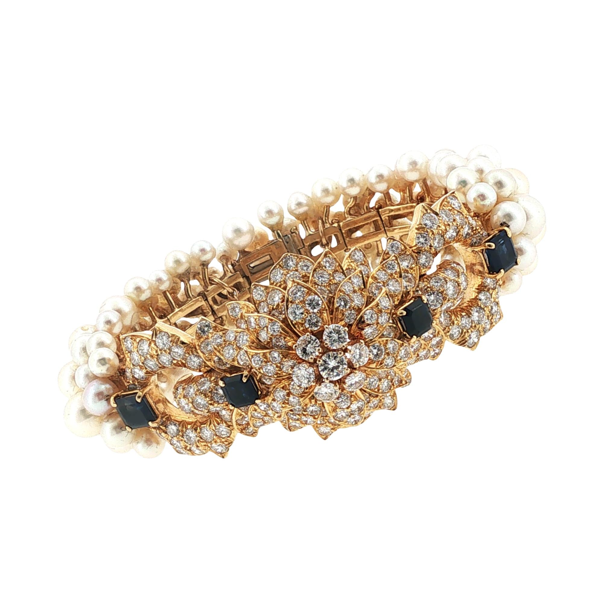 David Webb Diamond Sapphire Pearl 18 Karat Yellow Gold Vintage Bracelet