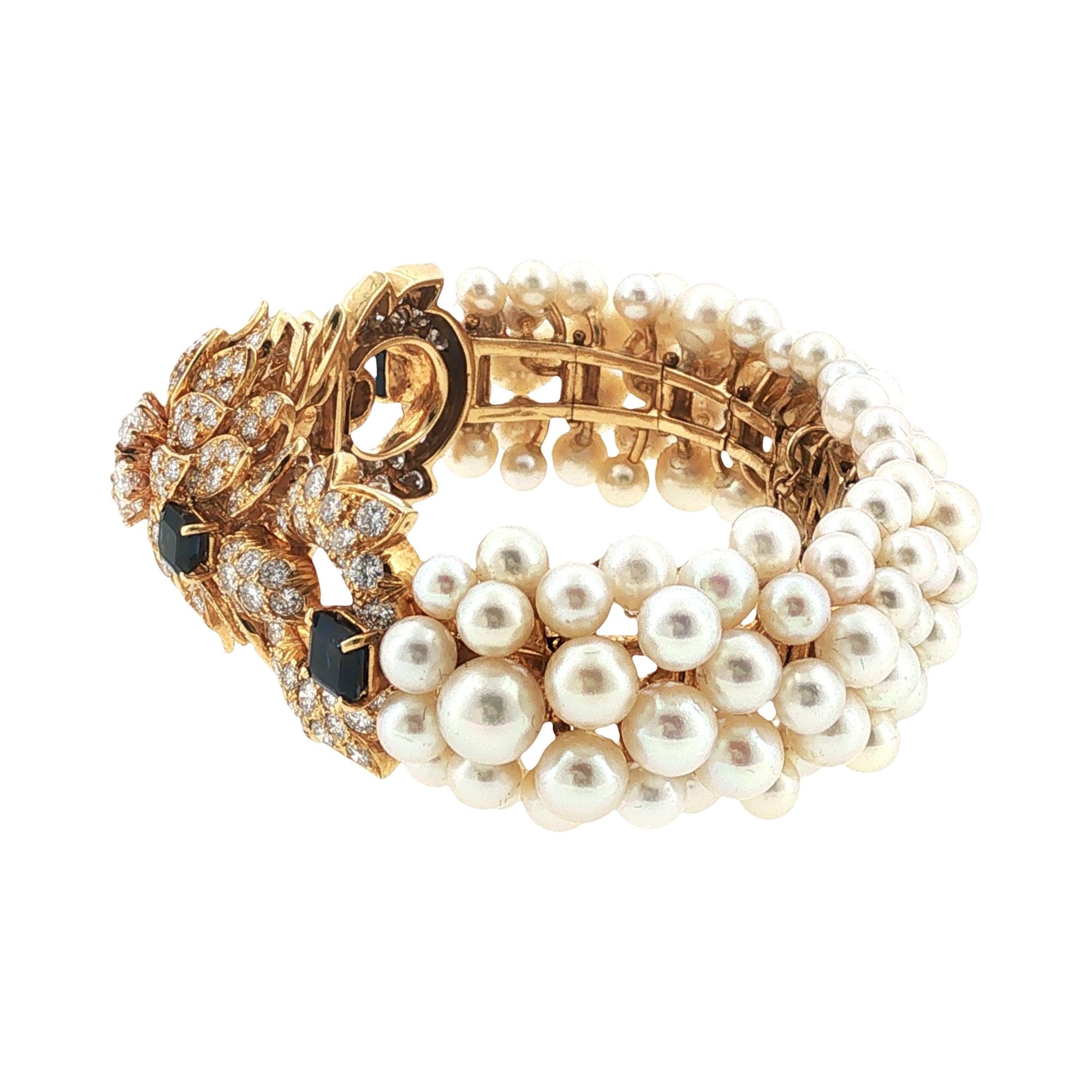 David Webb Diamond Sapphire Pearl 18 Karat Yellow Gold Vintage Bracelet