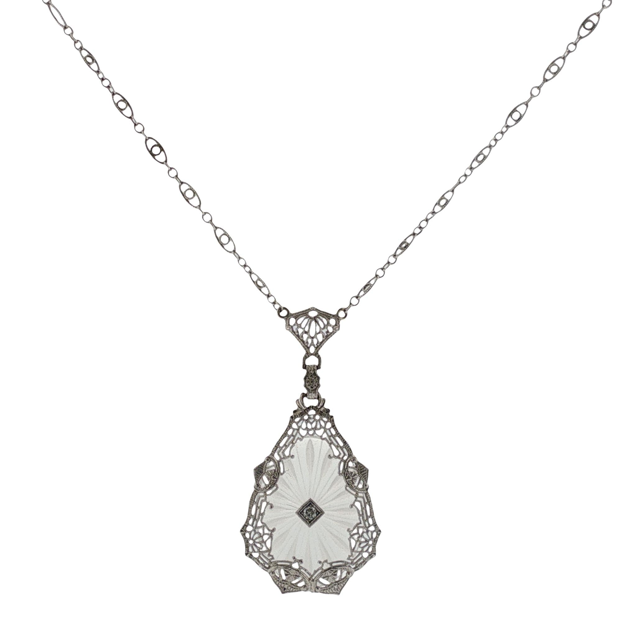 Art Deco Diamond Rock Crystal 14 Karat White Gold Vintage Pendant Necklace