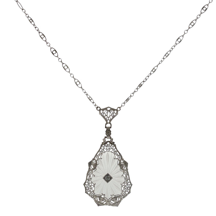 Art Deco Diamond Rock Crystal 14 Karat White Gold Vintage Pendant Necklace