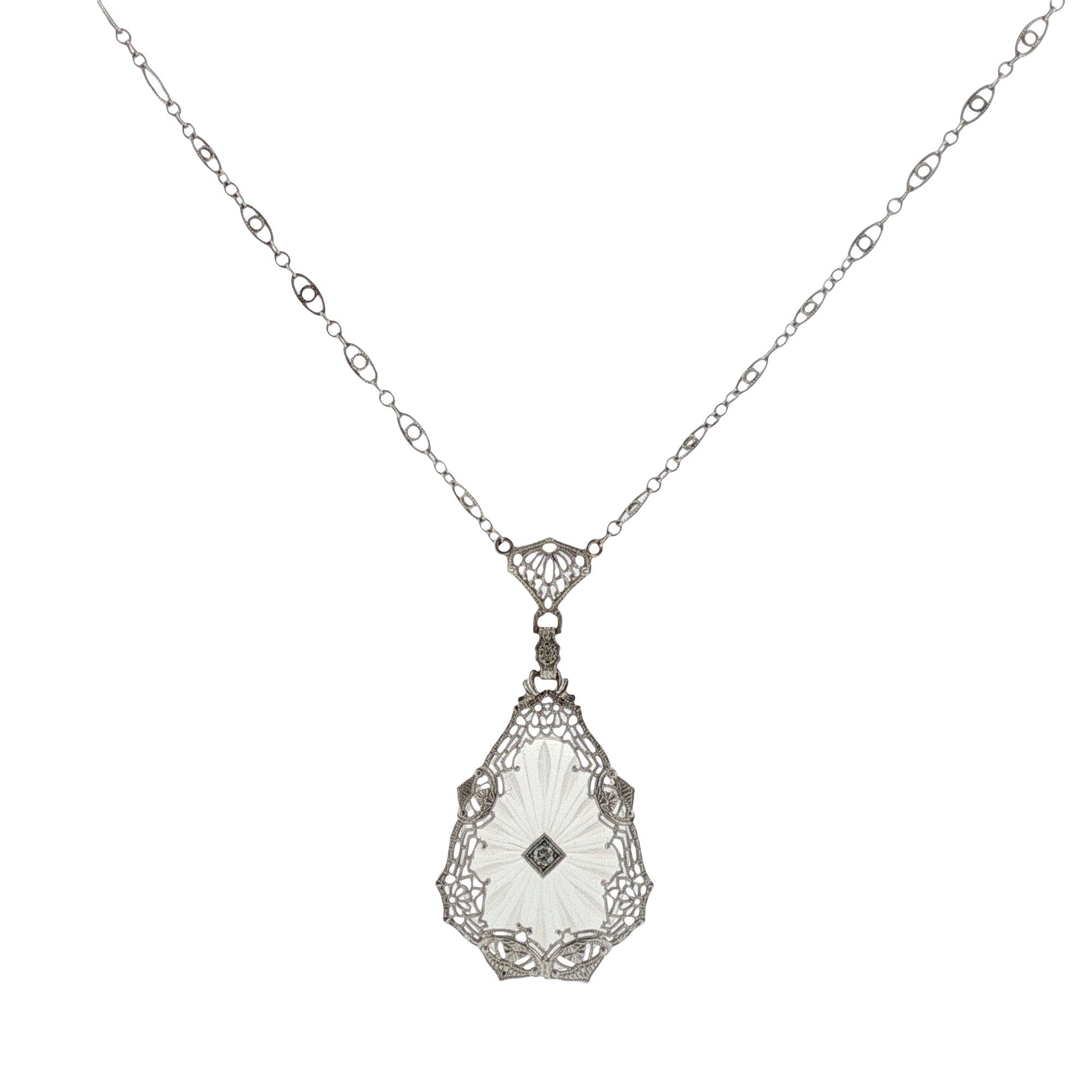 Art Deco Diamond Rock Crystal 14 Karat White Gold Vintage Pendant Necklace