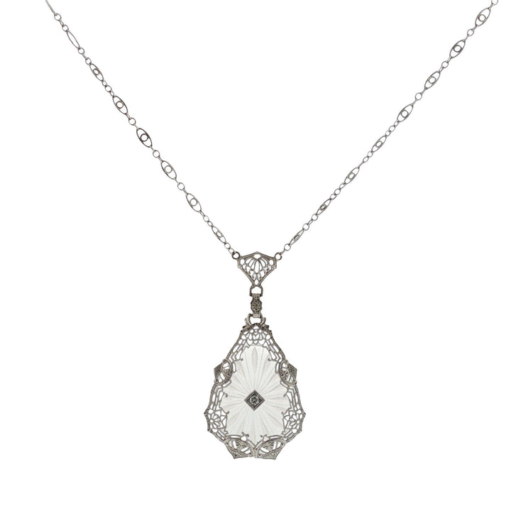 Art Deco Diamond Rock Crystal 14 Karat White Gold Vintage Pendant Necklace
