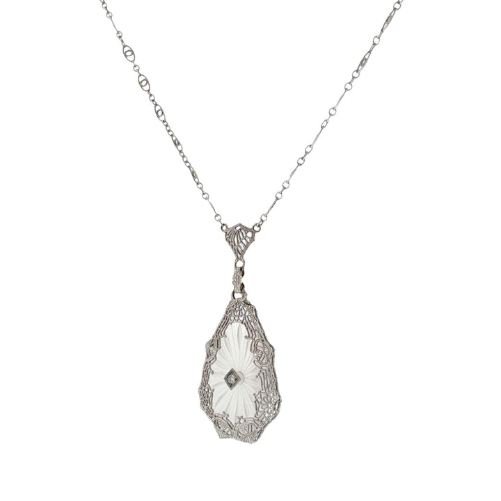Art Deco Diamond Rock Crystal 14 Karat White Gold Vintage Pendant Necklace