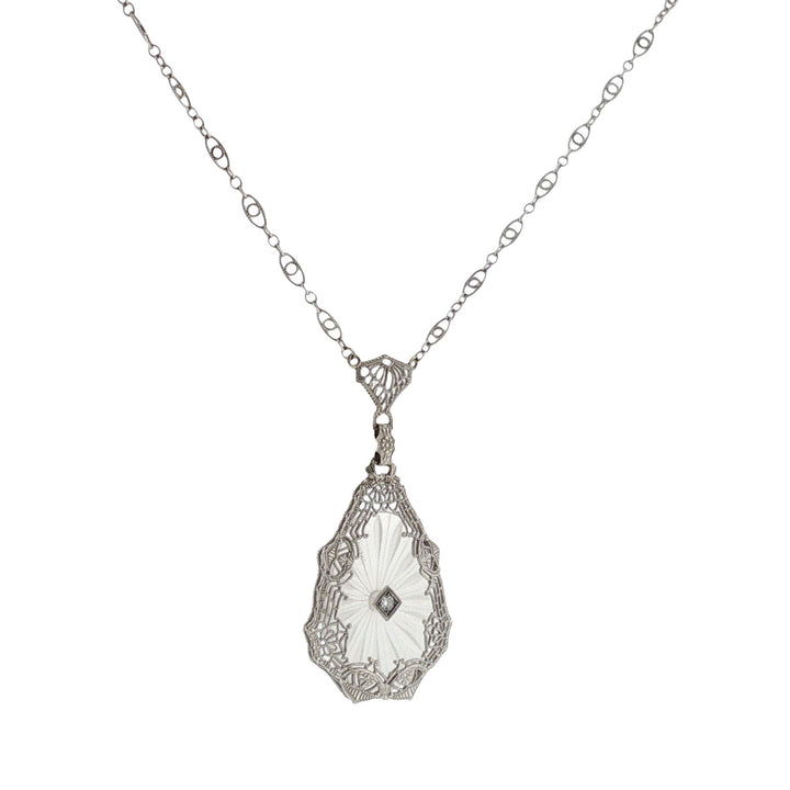 Art Deco Diamond Rock Crystal 14 Karat White Gold Vintage Pendant Necklace