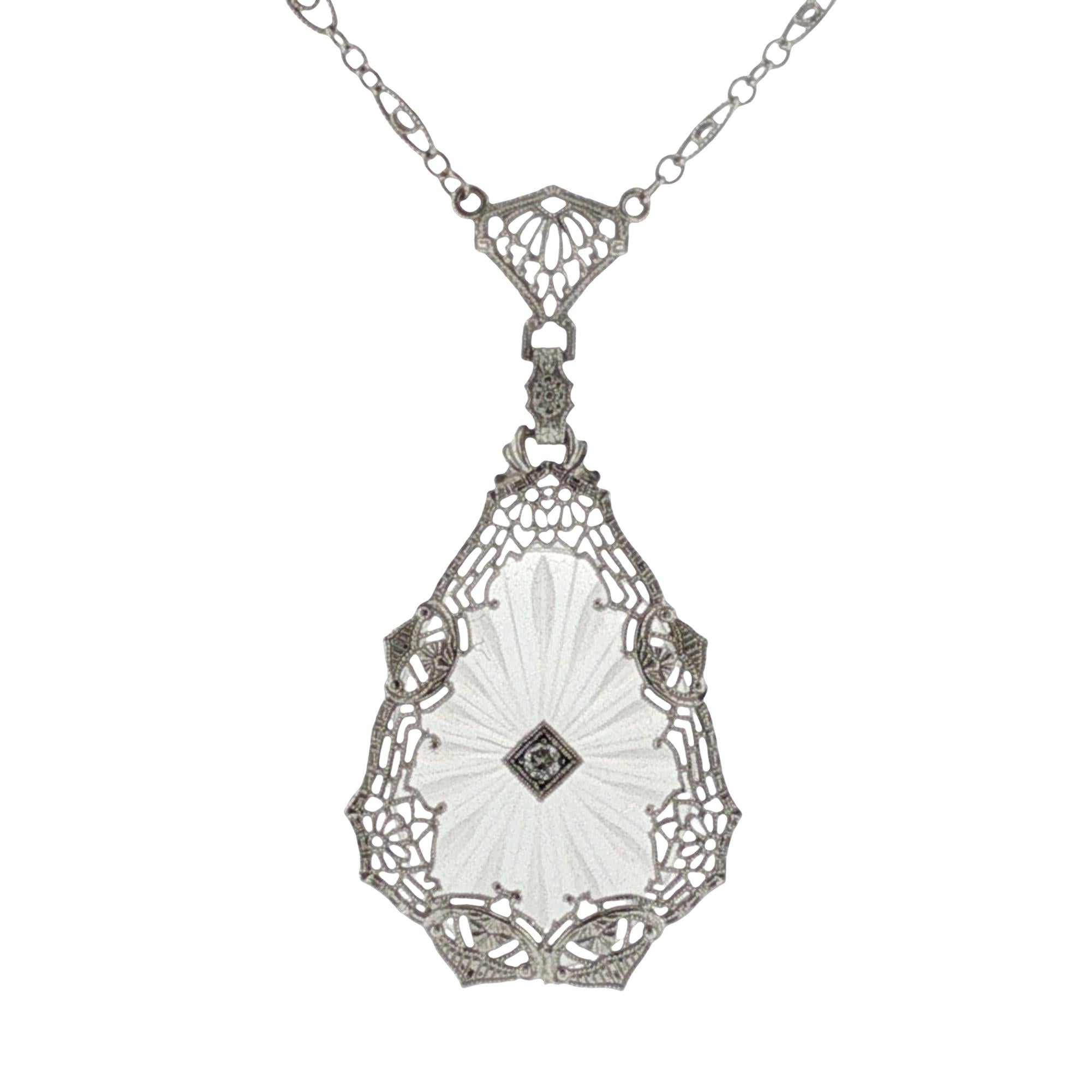 Art Deco Diamond Rock Crystal 14 Karat White Gold Vintage Pendant Necklace
