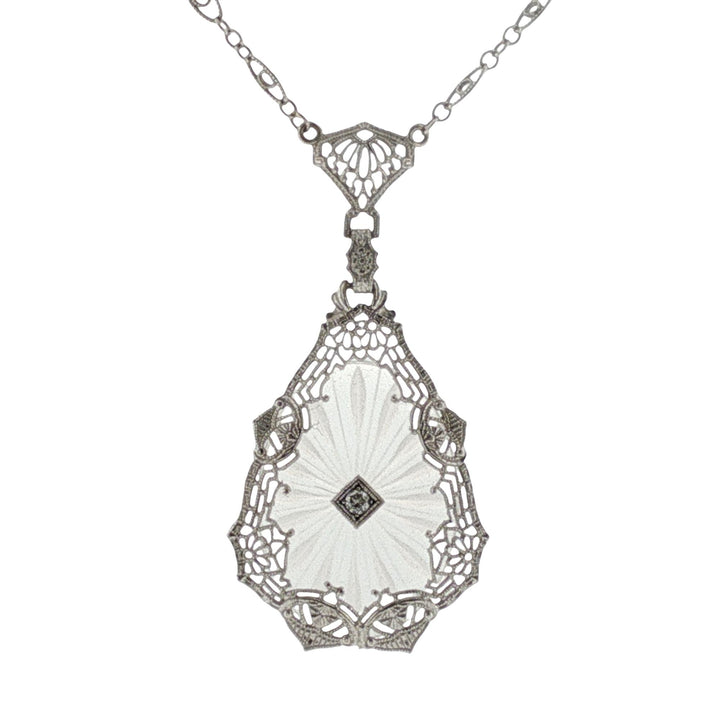 Art Deco Diamond Rock Crystal 14 Karat White Gold Vintage Pendant Necklace