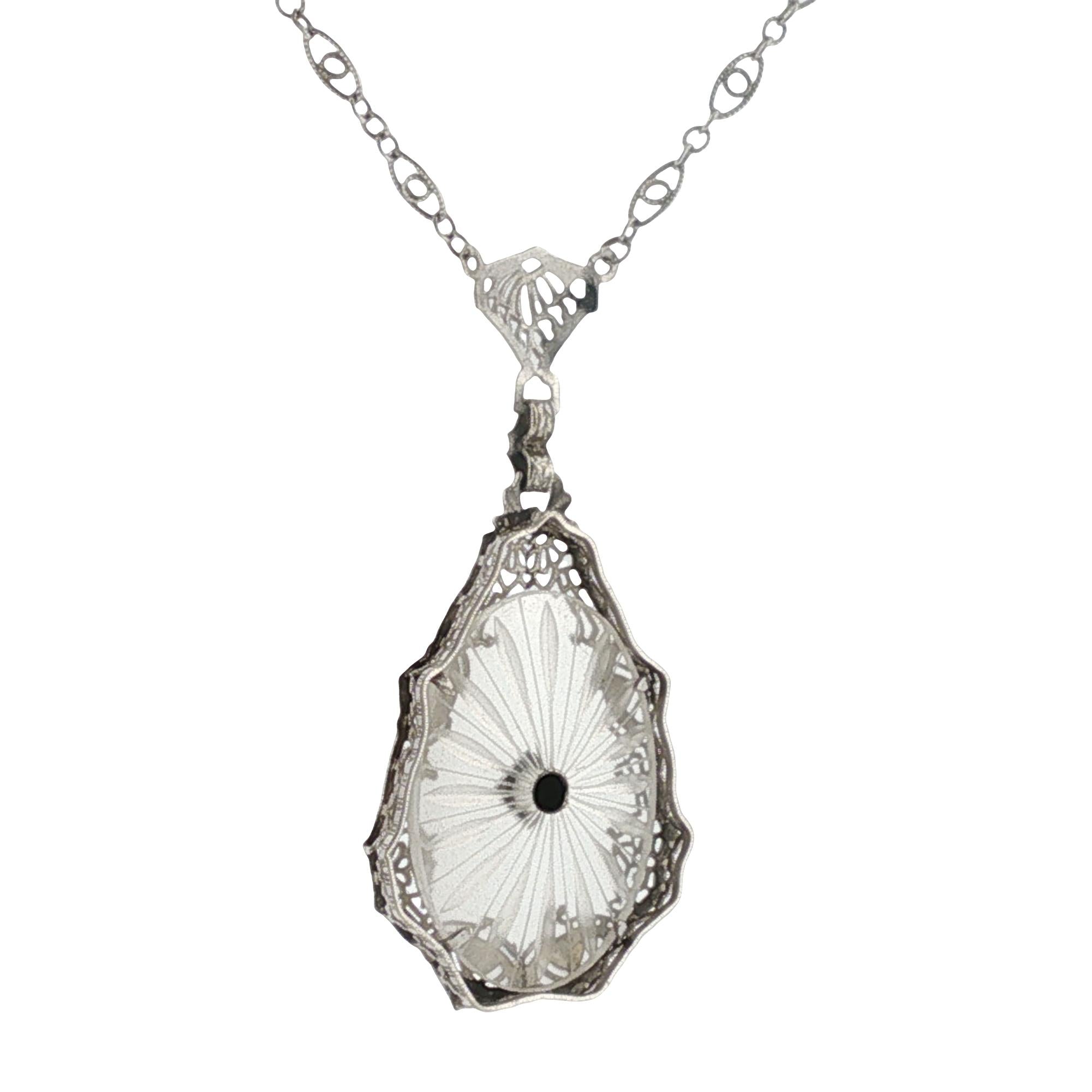 Art Deco Diamond Rock Crystal 14 Karat White Gold Vintage Pendant Necklace