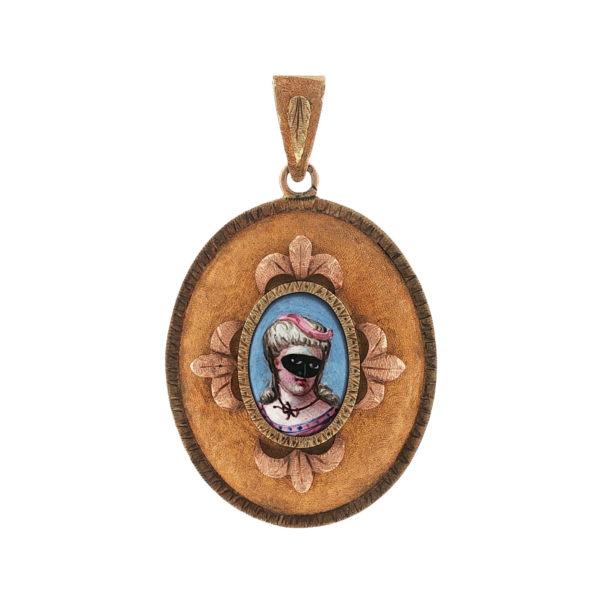 Victorian Enamel 14 Karat Yellow Gold Portrait Locket Pendant