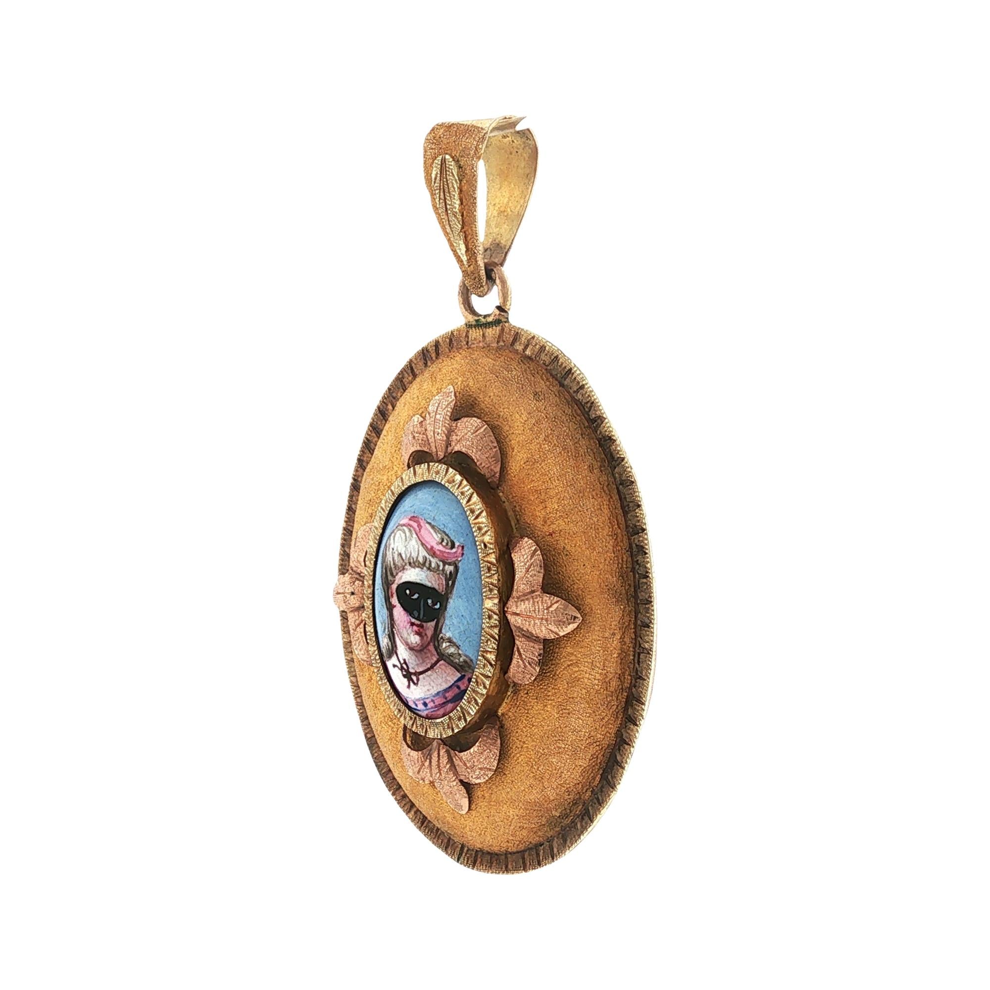 Victorian Enamel 14 Karat Yellow Gold Portrait Locket Pendant
