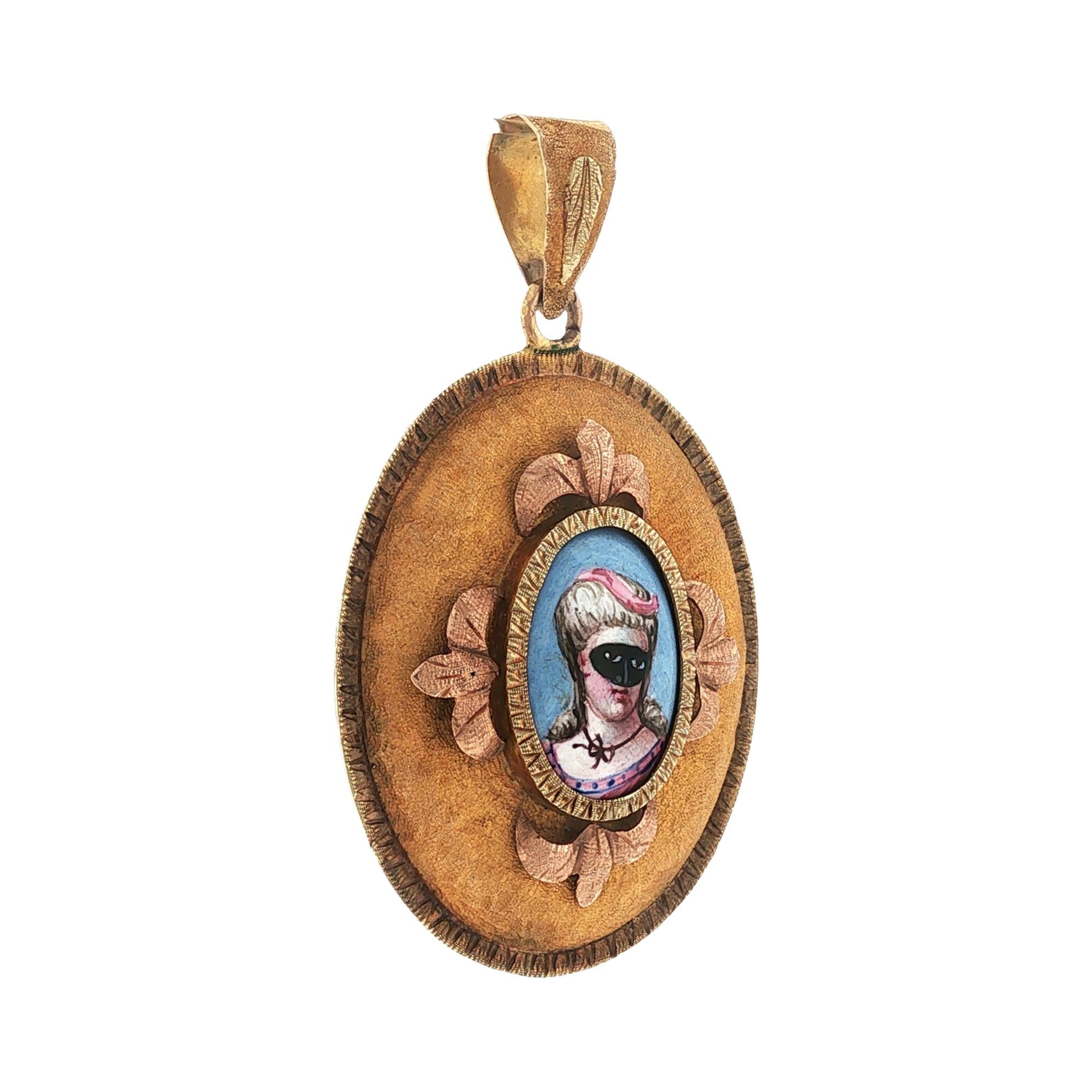 Victorian Enamel 14 Karat Yellow Gold Portrait Locket Pendant