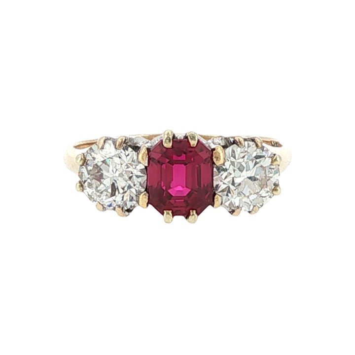 Antique No Heat Burma Ruby Old European-Cut Diamond 18KYG Three Stone Ring GIA