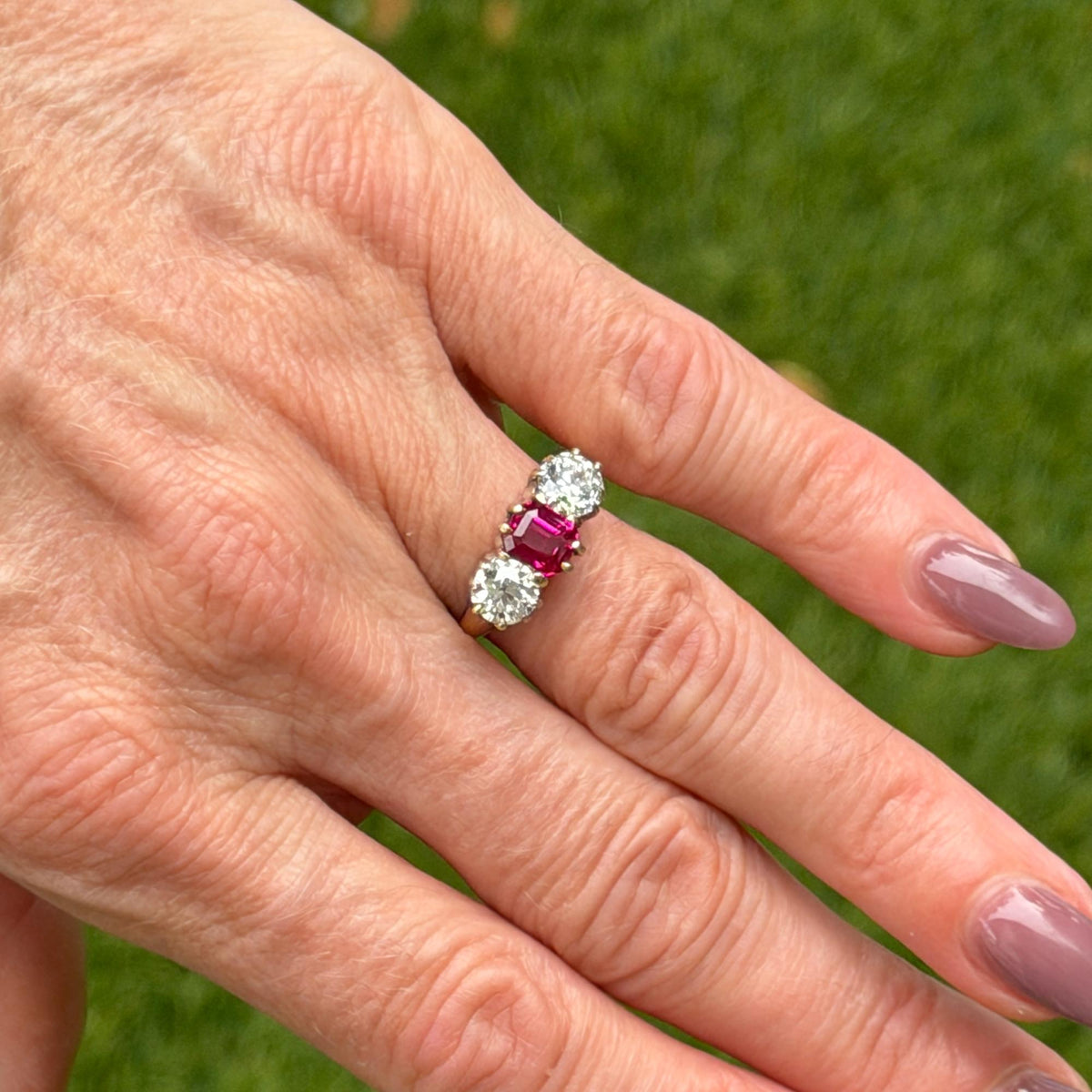 Antique No Heat Burma Ruby Old European-Cut Diamond 18KYG Three Stone Ring GIA