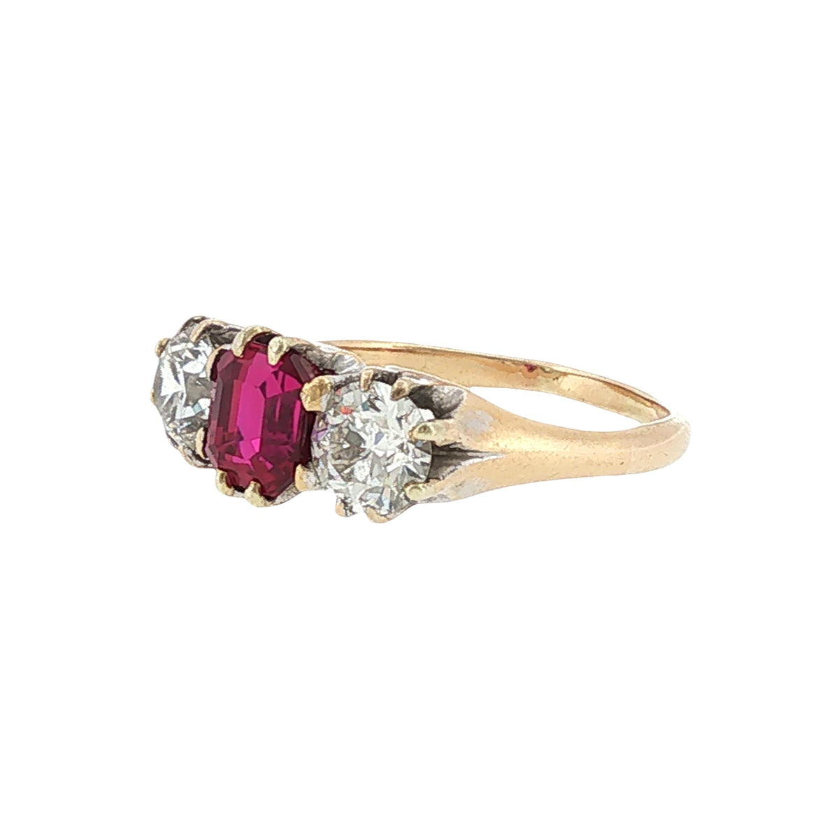 Antique No Heat Burma Ruby Old European-Cut Diamond 18KYG Three Stone Ring GIA