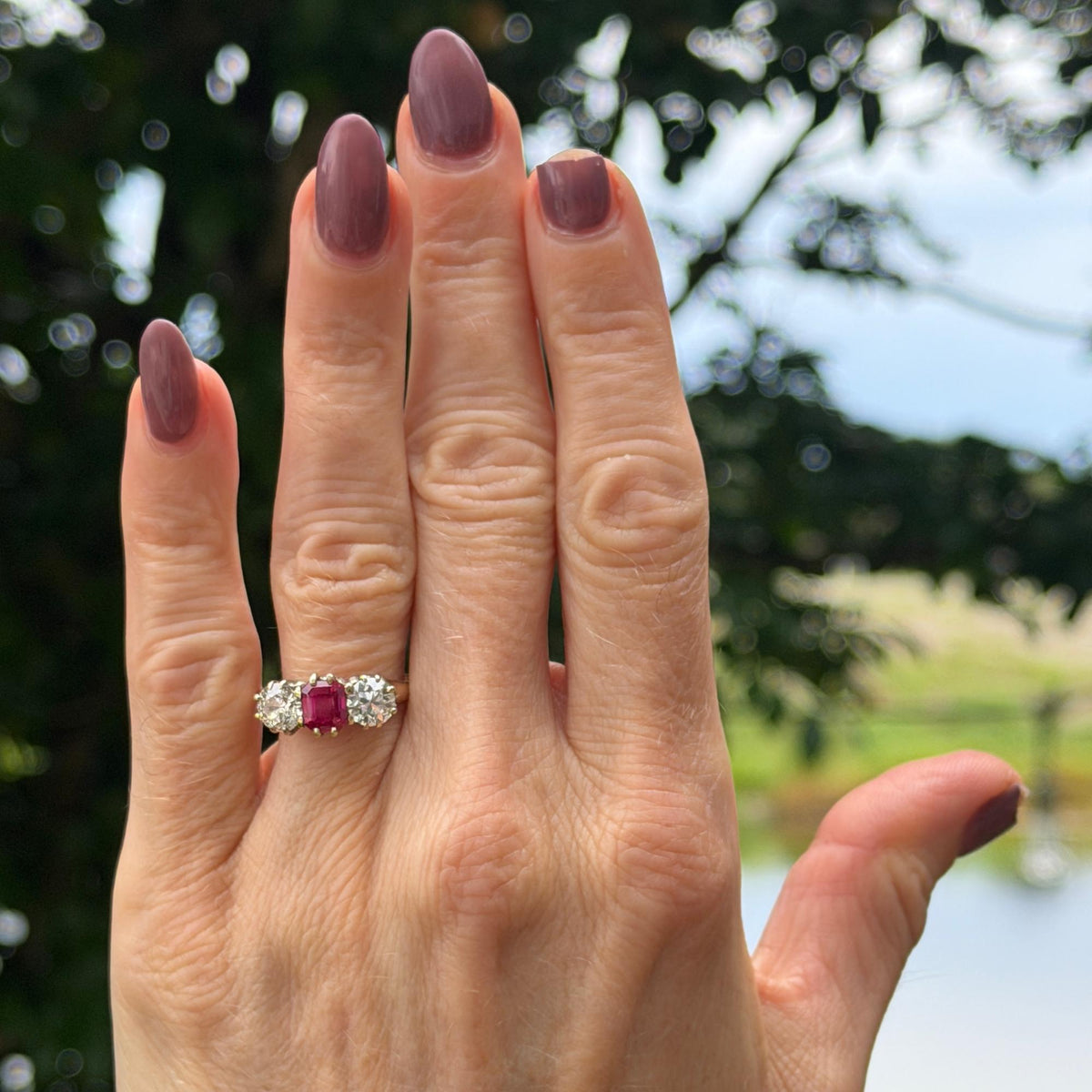 Antique No Heat Burma Ruby Old European-Cut Diamond 18KYG Three Stone Ring GIA