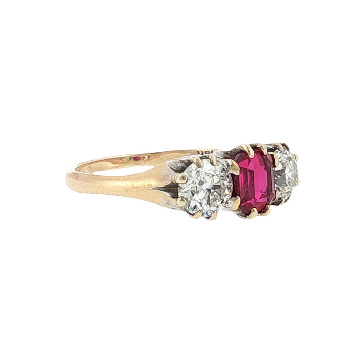Antique No Heat Burma Ruby Old European-Cut Diamond 18KYG Three Stone Ring GIA