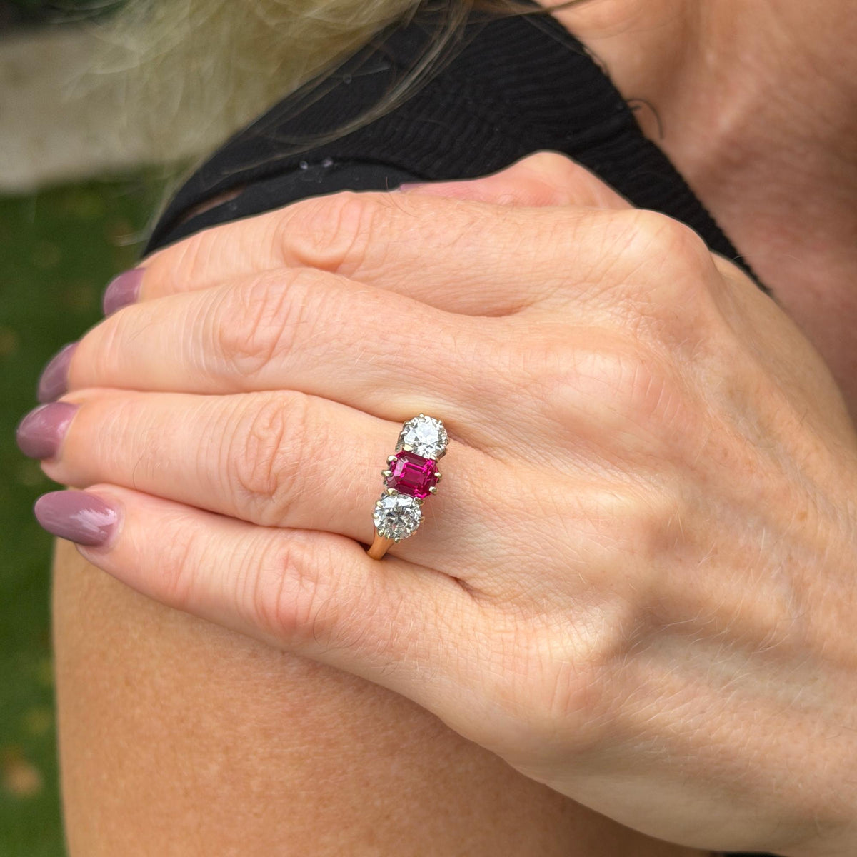 Antique No Heat Burma Ruby Old European-Cut Diamond 18KYG Three Stone Ring GIA