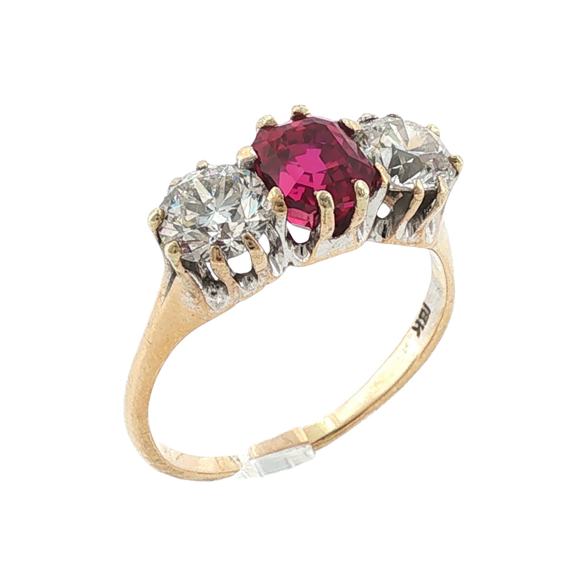 Antique No Heat Burma Ruby Old European-Cut Diamond 18KYG Three Stone Ring GIA