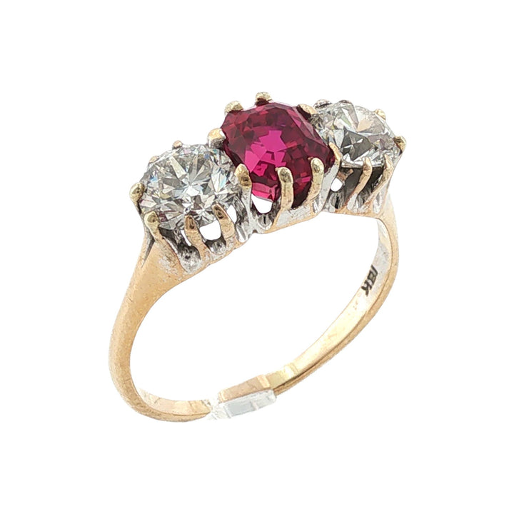 Antique No Heat Burma Ruby Old European-Cut Diamond 18KYG Three Stone Ring GIA
