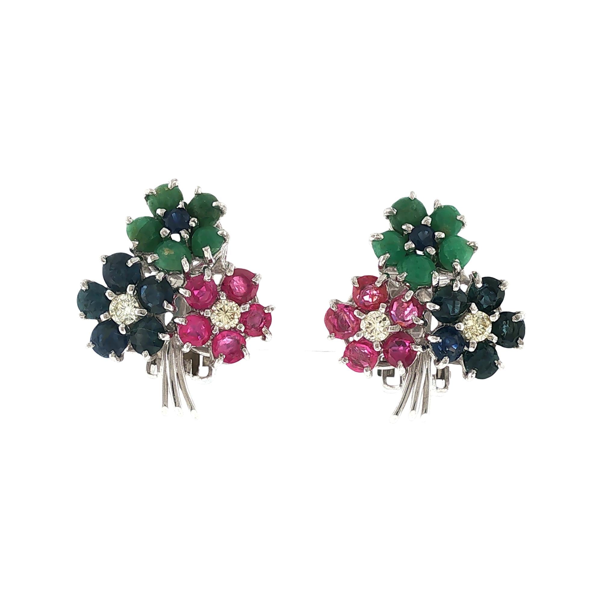 Ruby Emerald Sapphire & Diamond Flower Earclip Earrings