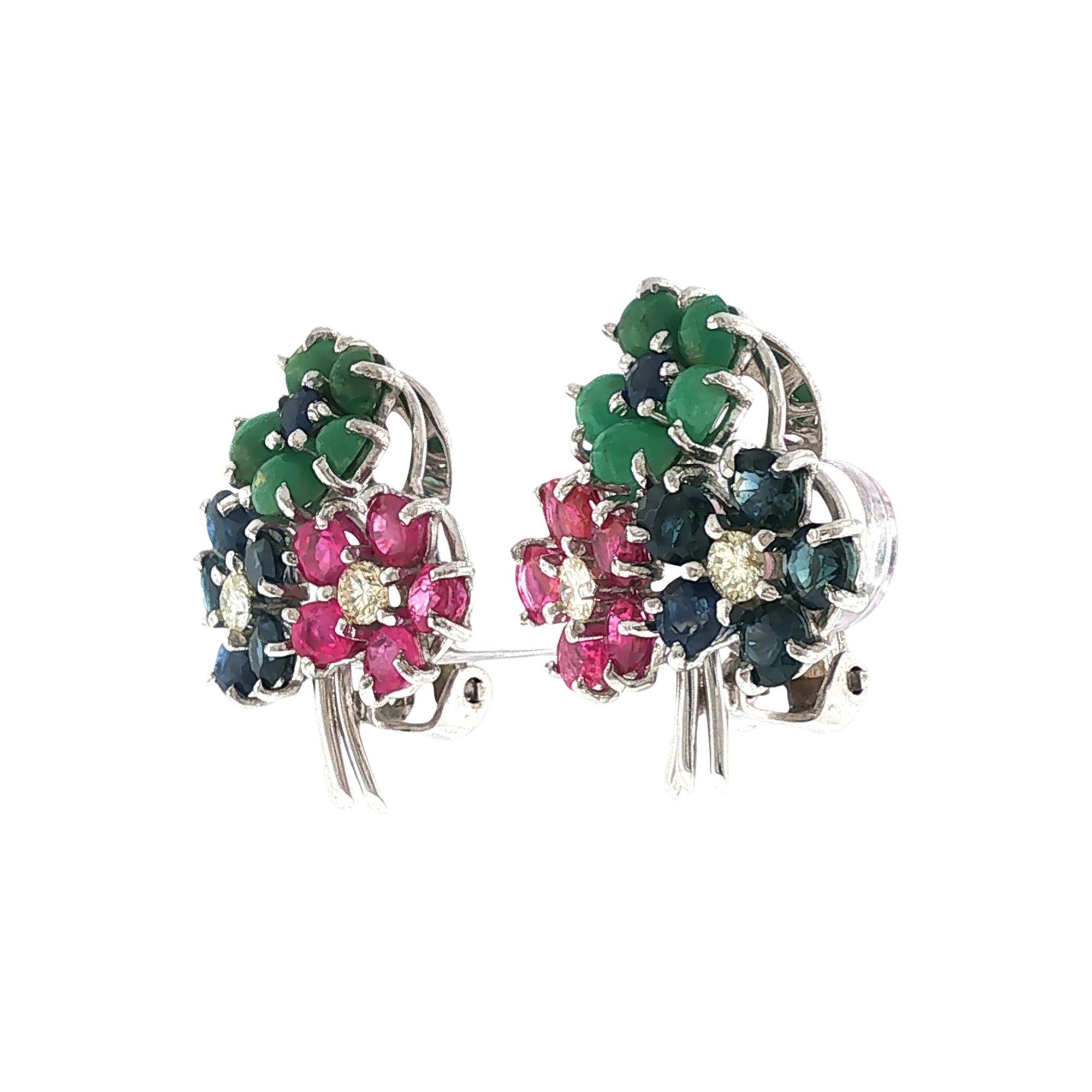 Ruby Emerald Sapphire & Diamond Flower Earclip Earrings