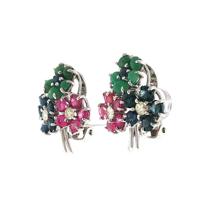 Ruby Emerald Sapphire & Diamond Flower Earclip Earrings