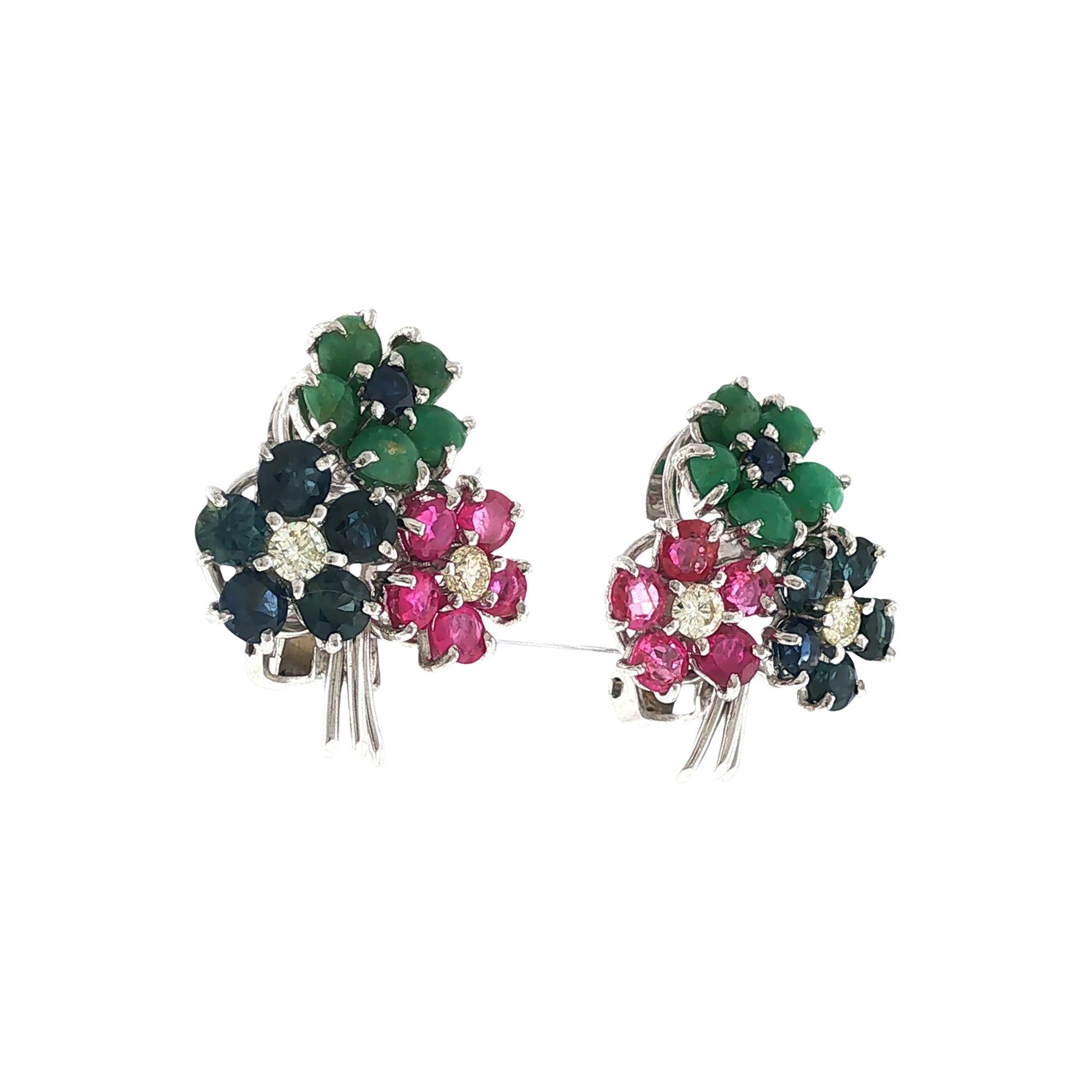Ruby Emerald Sapphire & Diamond Flower Earclip Earrings