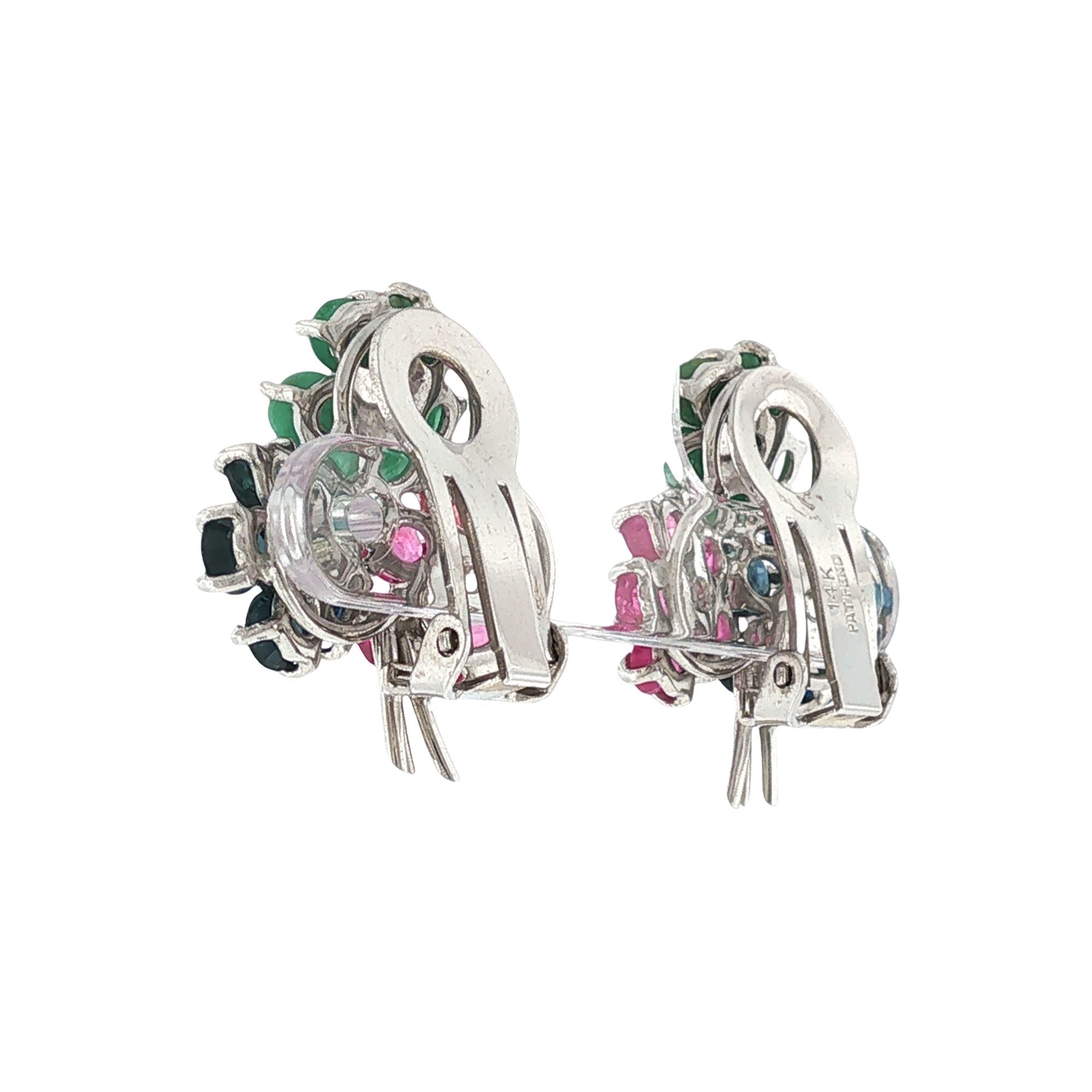 Ruby Emerald Sapphire & Diamond Flower Earclip Earrings