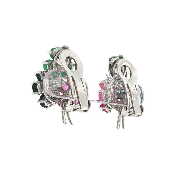 Ruby Emerald Sapphire & Diamond Flower Earclip Earrings