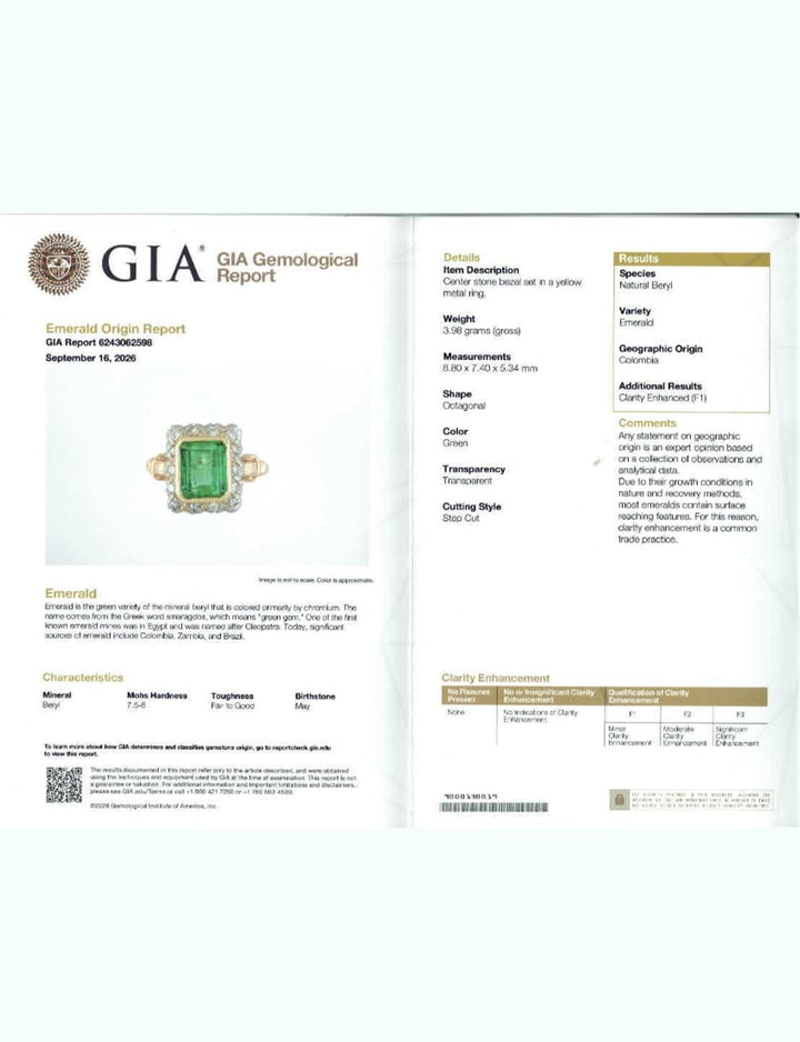 Colombian Emerald Diamond Yellow Gold Cocktail Ring GIA Certified Vintage