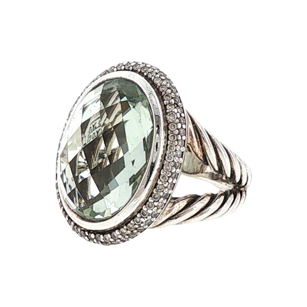 David Yurman Oval Checkerboard Faceted Prasiolite Diamond Albion 18KYG/SS Ring