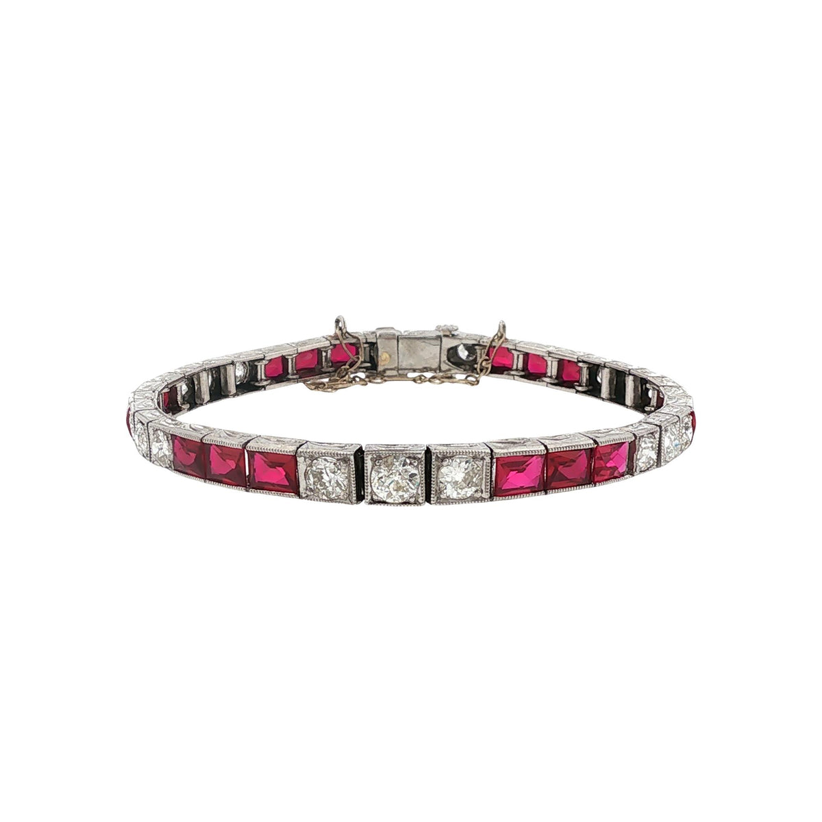 Art Deco Old European Cut Diamond Synthetic Ruby Platinum Box Link Line Bracelet