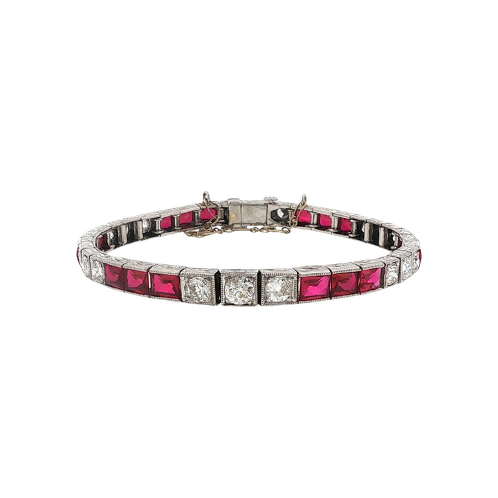Art Deco Old European Cut Diamond Synthetic Ruby Platinum Box Link Line Bracelet