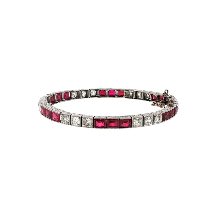 Art Deco Old European Cut Diamond Synthetic Ruby Platinum Box Link Line Bracelet