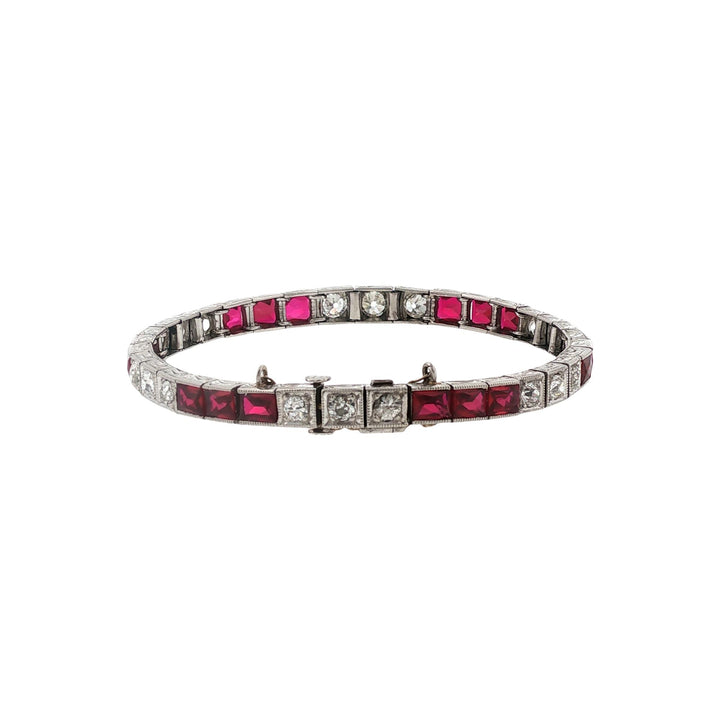 Art Deco Old European Cut Diamond Synthetic Ruby Platinum Box Link Line Bracelet