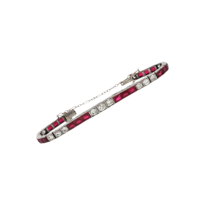 Art Deco Old European Cut Diamond Synthetic Ruby Platinum Box Link Line Bracelet