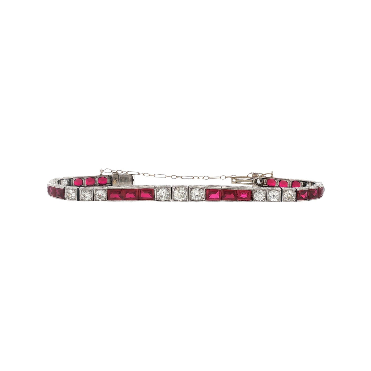 Art Deco Old European Cut Diamond Synthetic Ruby Platinum Box Link Line Bracelet