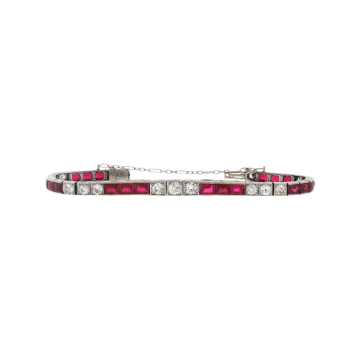Art Deco Old European Cut Diamond Synthetic Ruby Platinum Box Link Line Bracelet