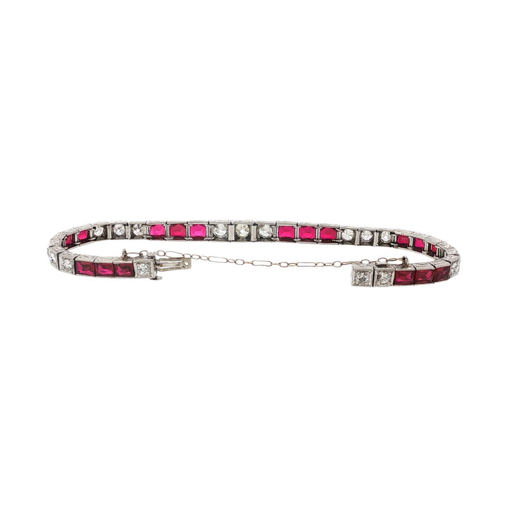 Art Deco Old European Cut Diamond Synthetic Ruby Platinum Box Link Line Bracelet