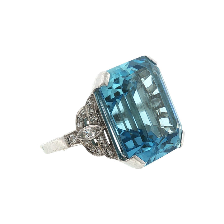 1930's Emerald Cut Aquamarine Diamond Platinum Cocktail Ring