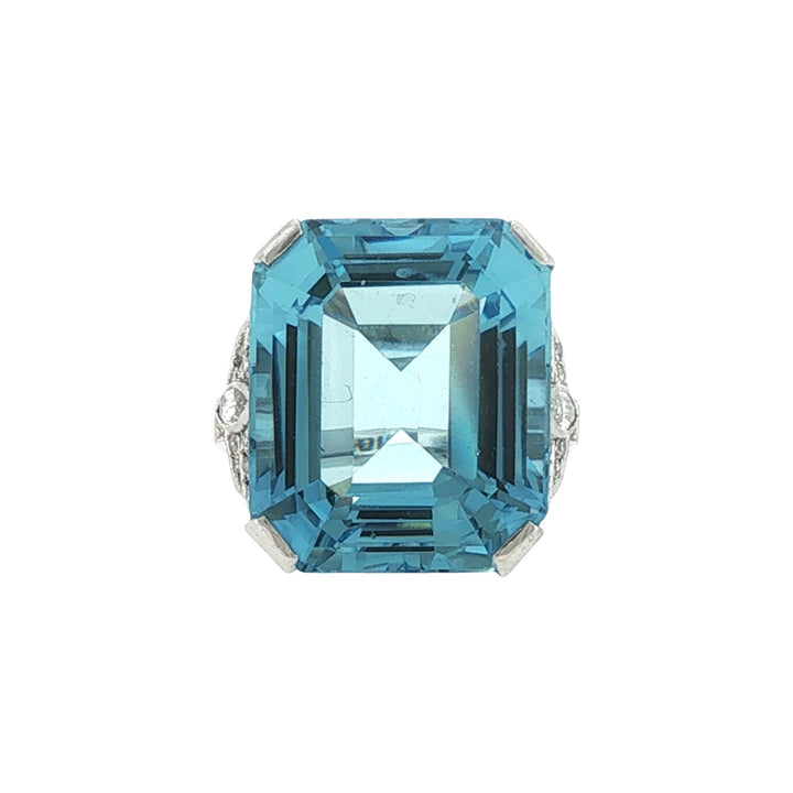 1930's Emerald Cut Aquamarine Diamond Platinum Cocktail Ring