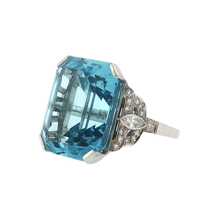 1930's Emerald Cut Aquamarine Diamond Platinum Cocktail Ring