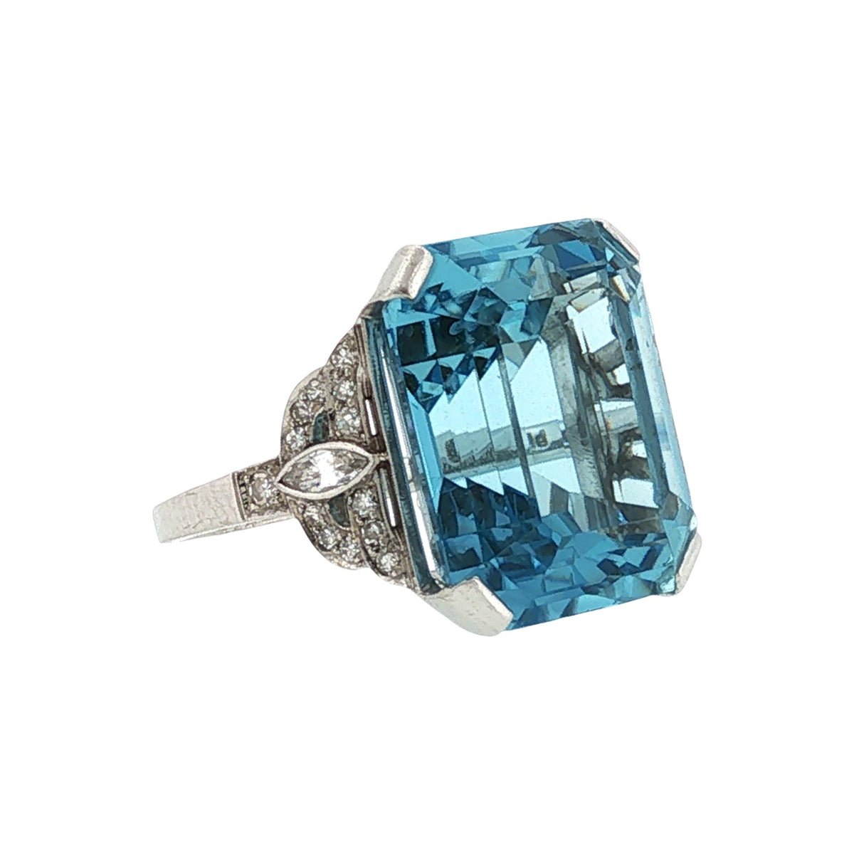 1930's Emerald Cut Aquamarine Diamond Platinum Cocktail Ring