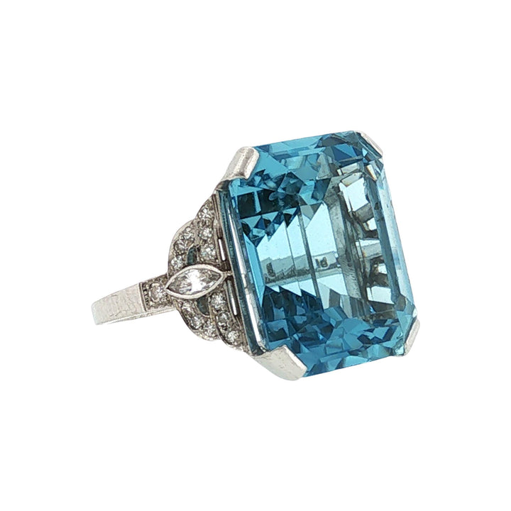 1930's Emerald Cut Aquamarine Diamond Platinum Cocktail Ring