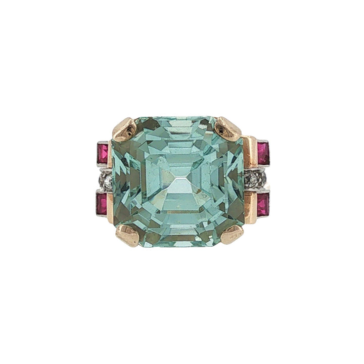 Retro Aquamarine Ruby Diamond Cocktail Rose Gold Ring
