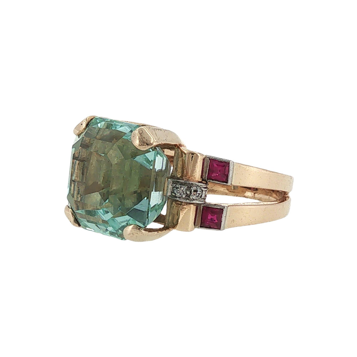 Retro Aquamarine Ruby Diamond Cocktail Rose Gold Ring