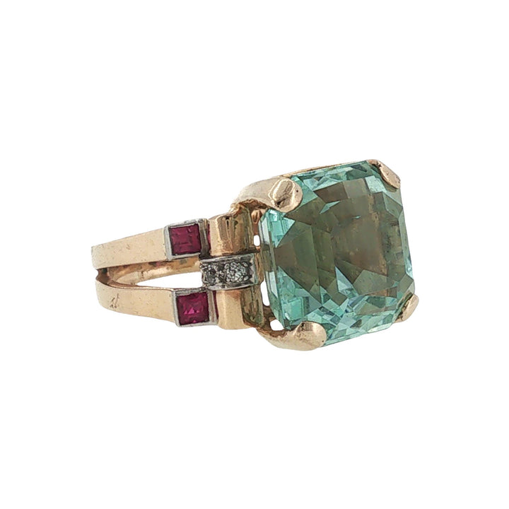 Retro Aquamarine Ruby Diamond Cocktail Rose Gold Ring