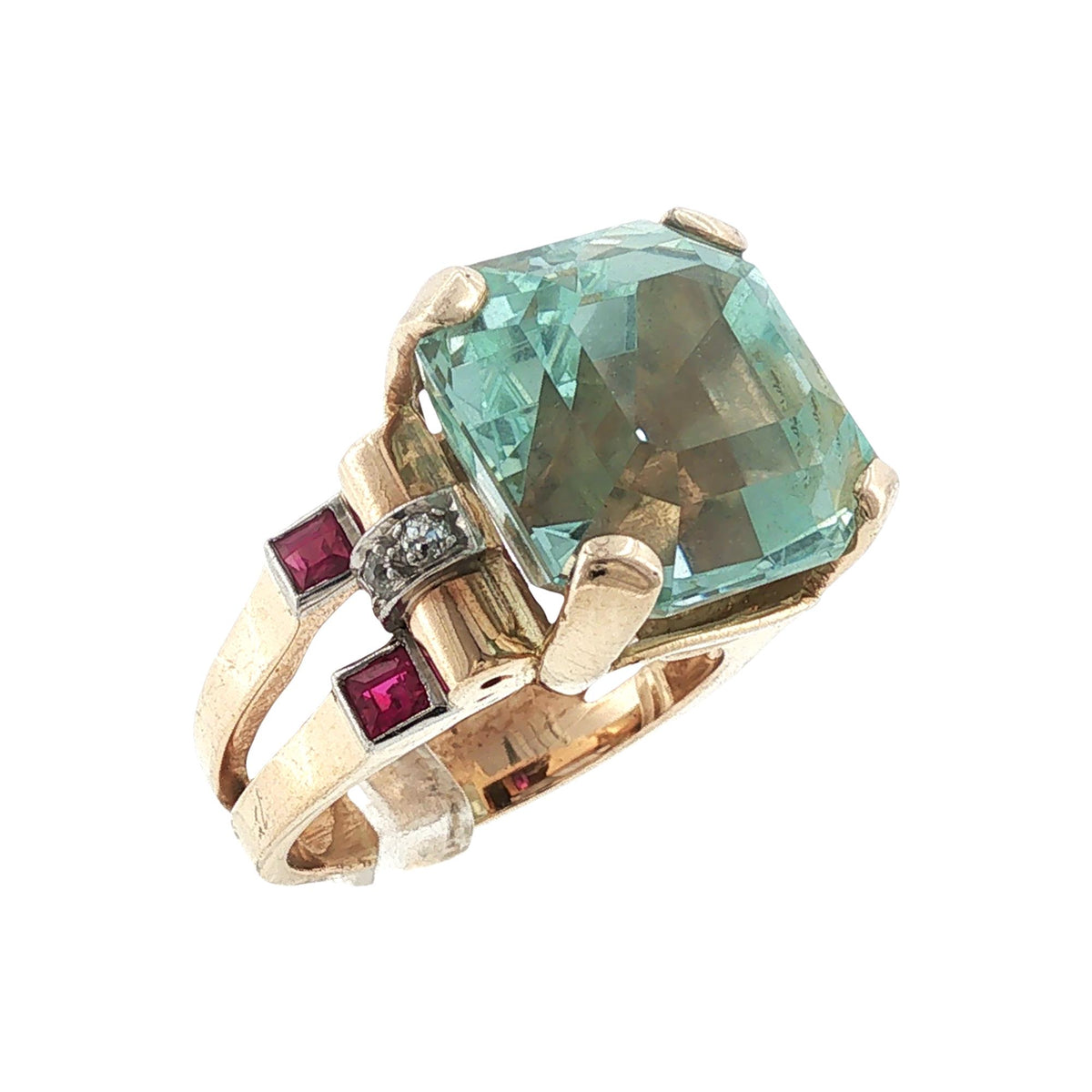 Retro Aquamarine Ruby Diamond Cocktail Rose Gold Ring