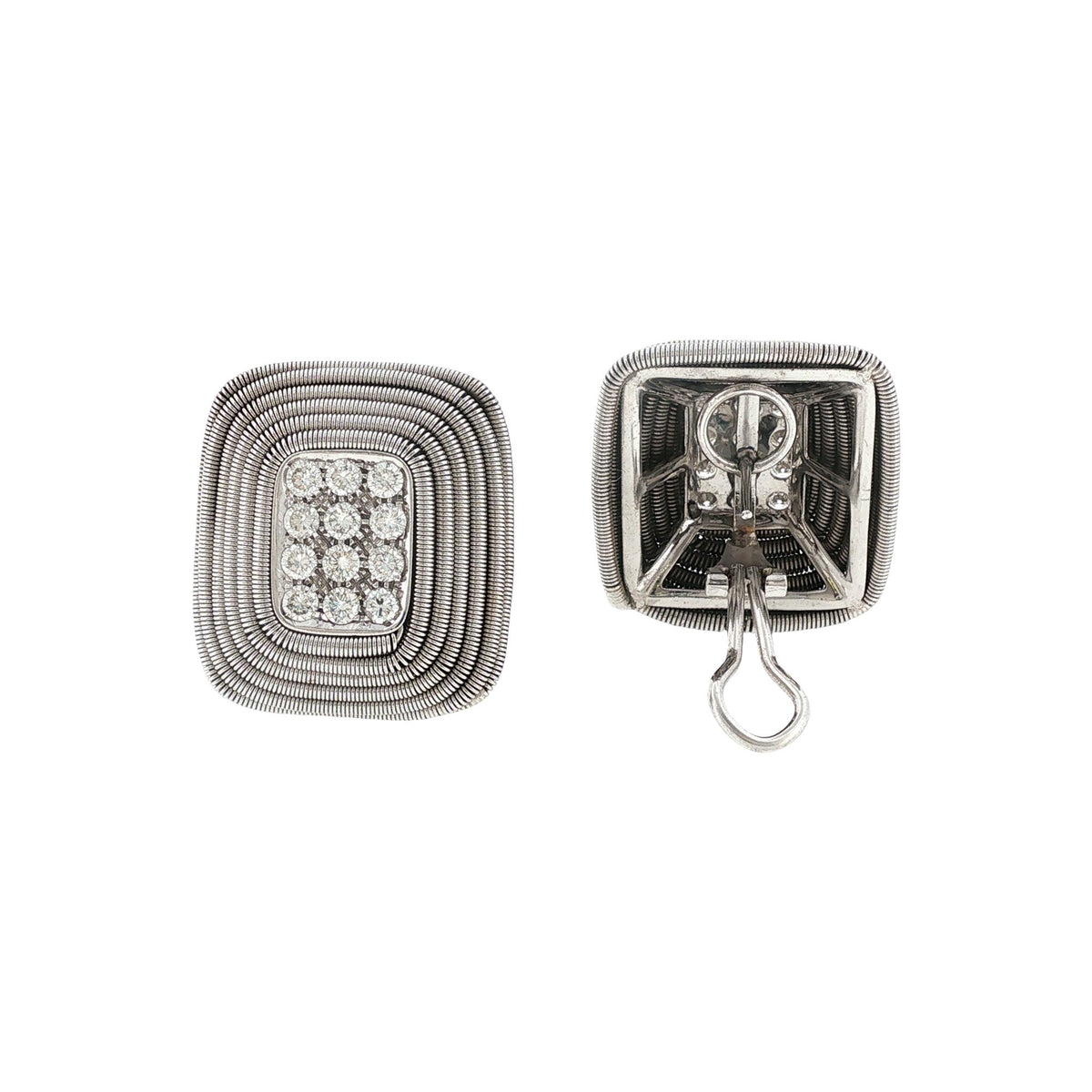 Diamond 18 Karat Coiled White Gold Rectangular Leverback Earrings