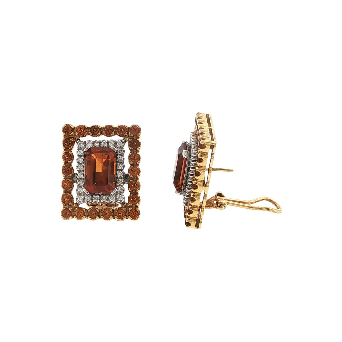 Diamond Citrine 18 Karat Gold Square Leverback Vintage Leverback Earrings
